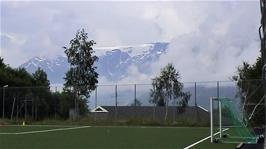 Incredible views across Sørfjord to the glaciated mountains beyond from the school football ground
